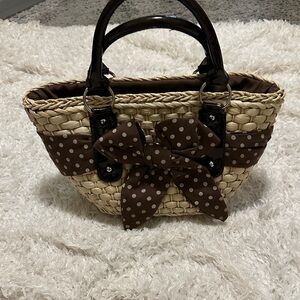 Brown Polka Dot Bow Woven Handbag